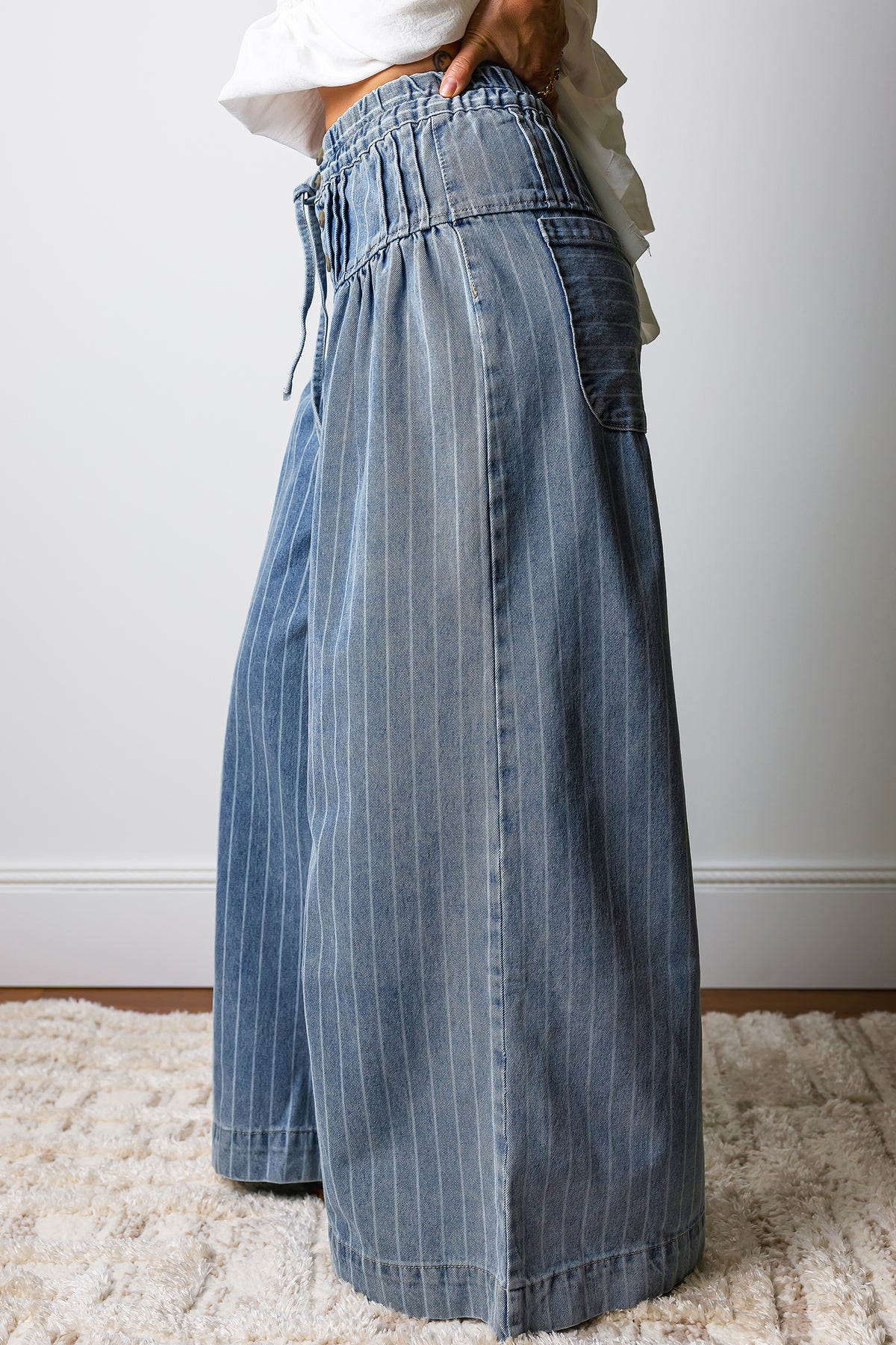 Sky Blue Striped Denim Wide Leg Pants