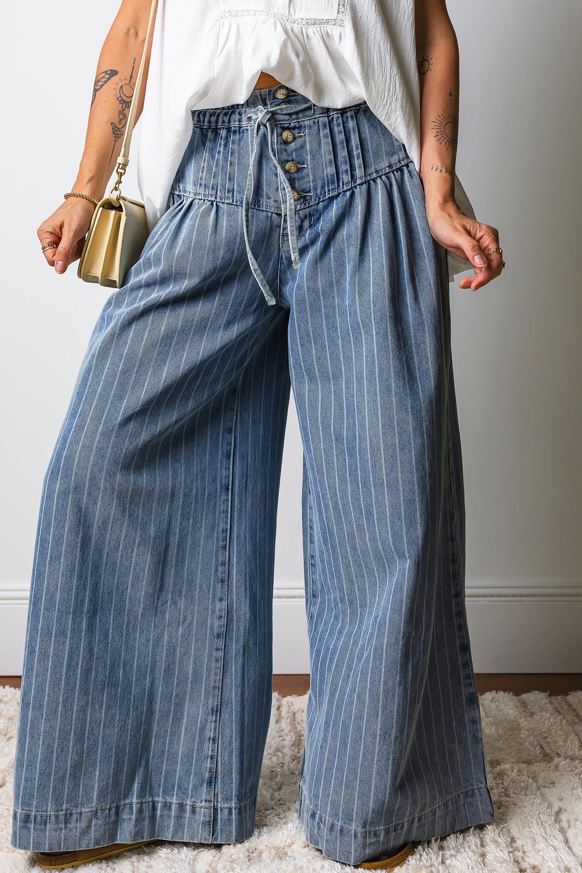 Sky Blue Striped Denim Wide Leg Pants