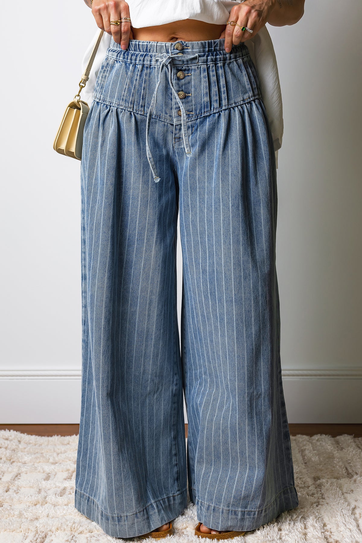 Sky Blue Striped Denim Wide Leg Pants