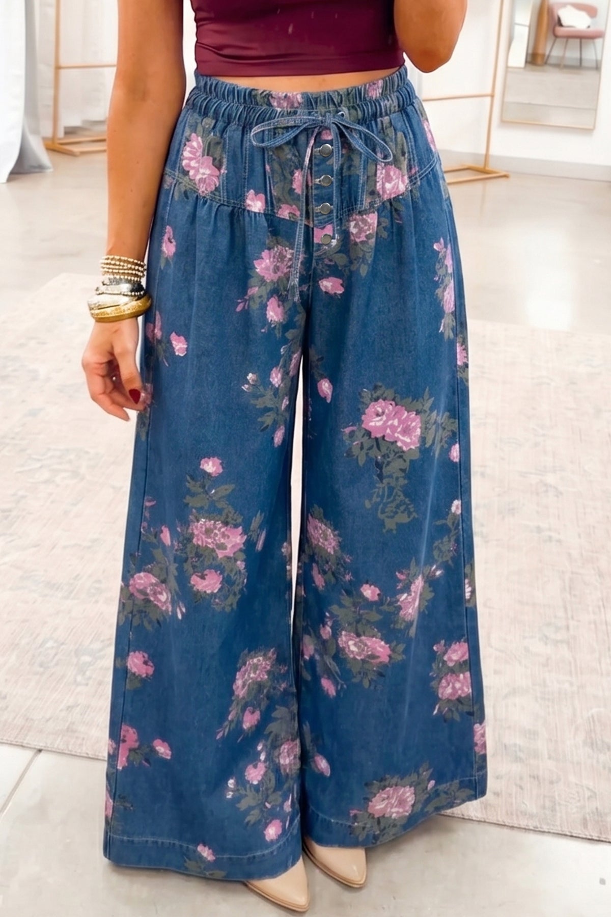 Bloom Wild Floral Wide-Leg Denim Pants