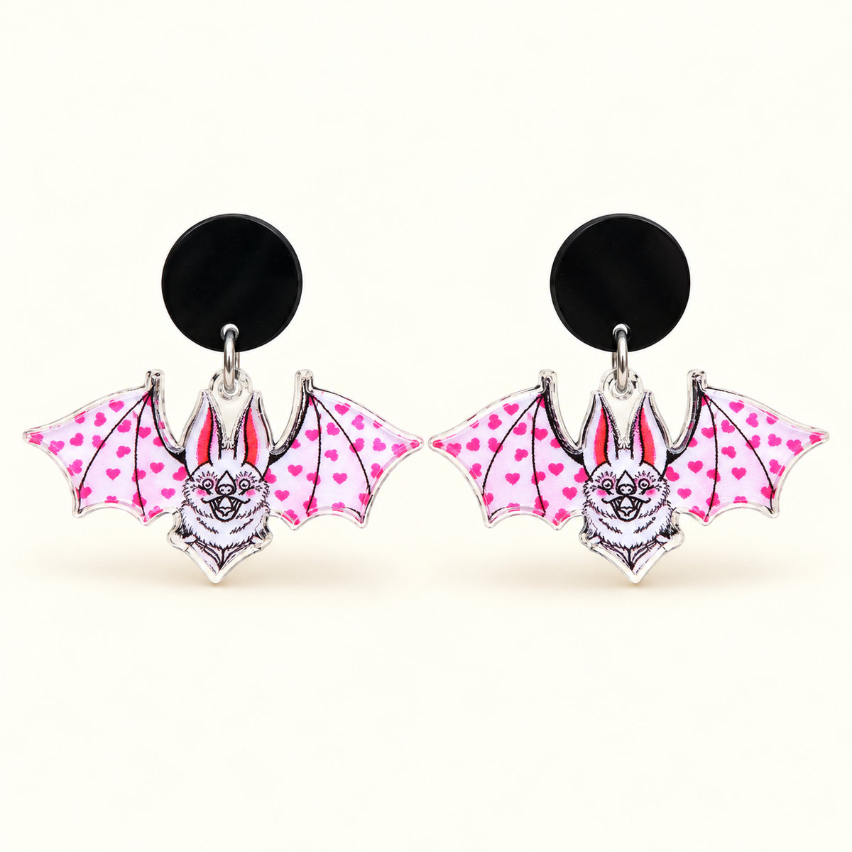 Pink Heart Bat Statement Earrings