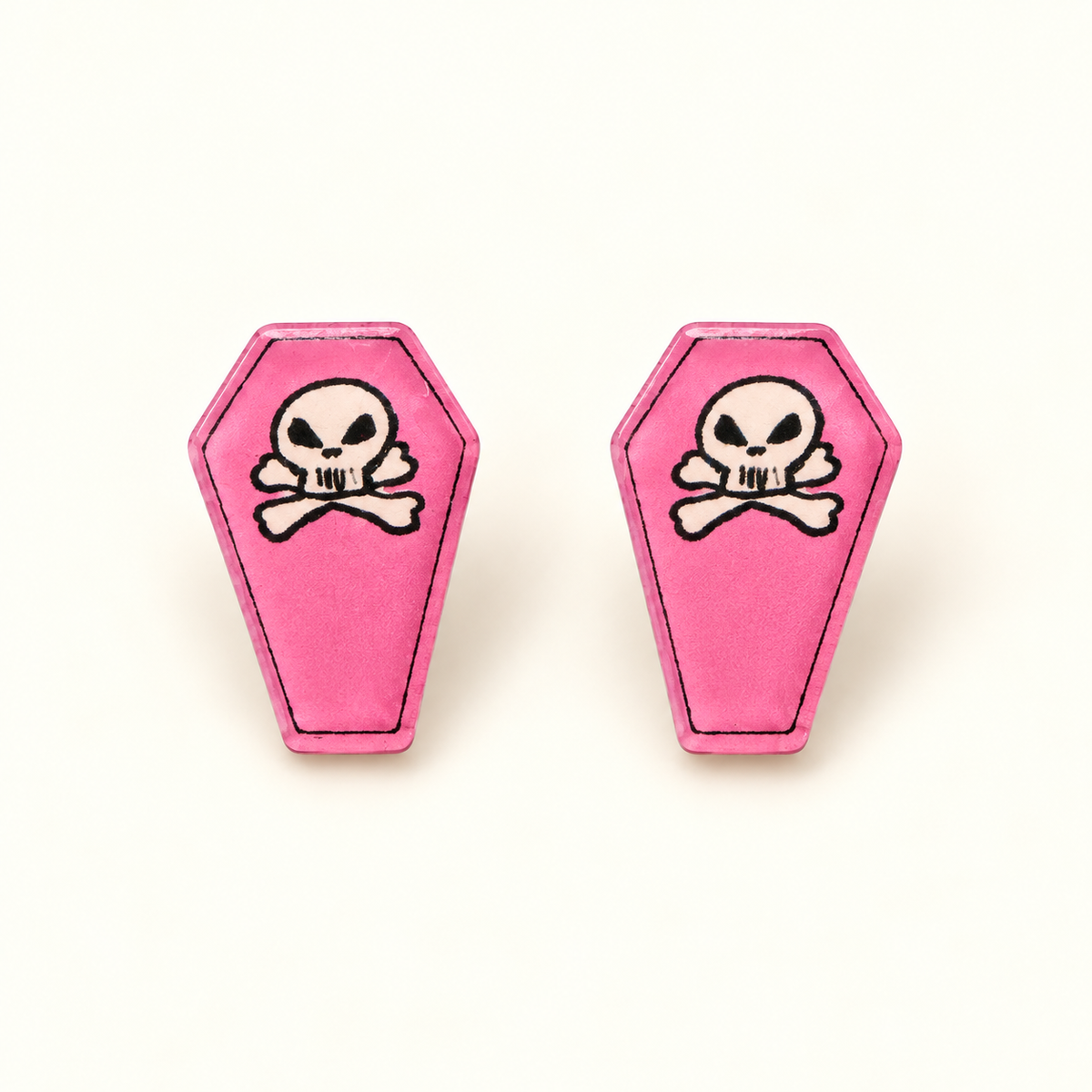 Pink Skull & Crossbones Coffin Stud Earrings