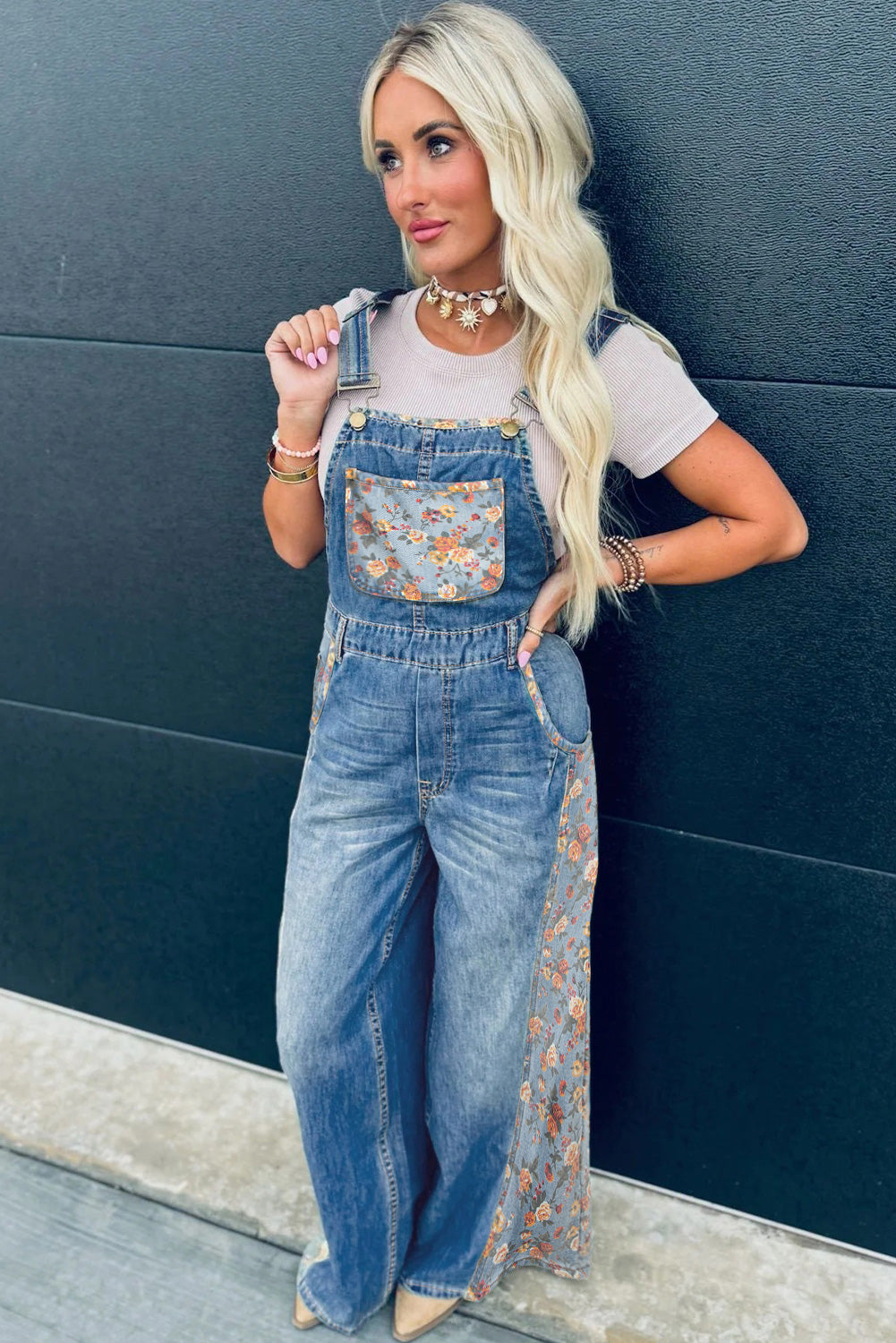 Wildflower Days Floral Patchwork Denim Overalls