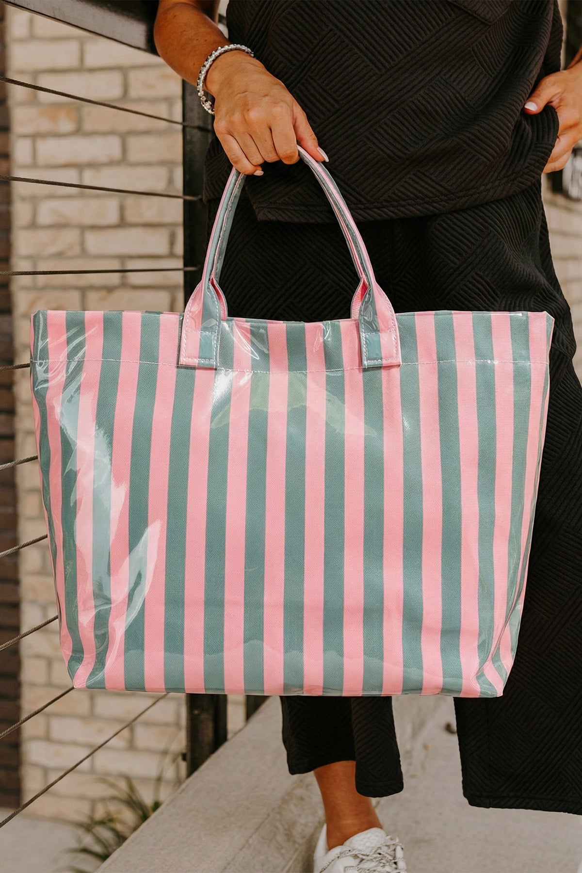 Rose Red Glossy Striped Vinyl Large Tote Bag (Color Varied)