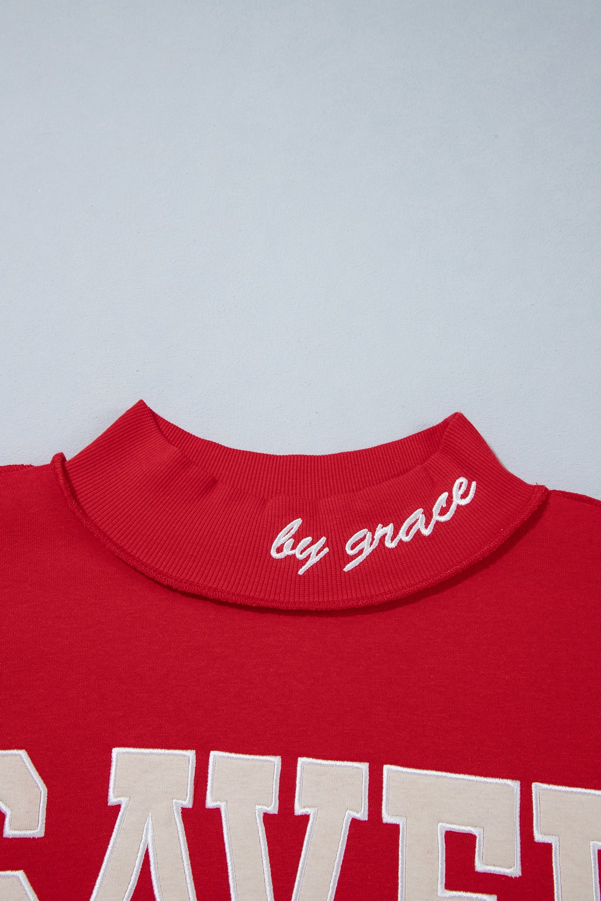 Fiery Red Saved By Grace Embroidered Detail Letter Graphic High Neck Sweatshirt