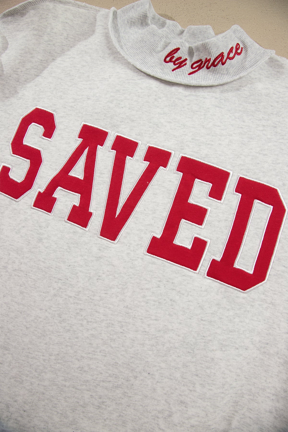 Fiery Red Saved By Grace Embroidered Detail Letter Graphic High Neck Sweatshirt